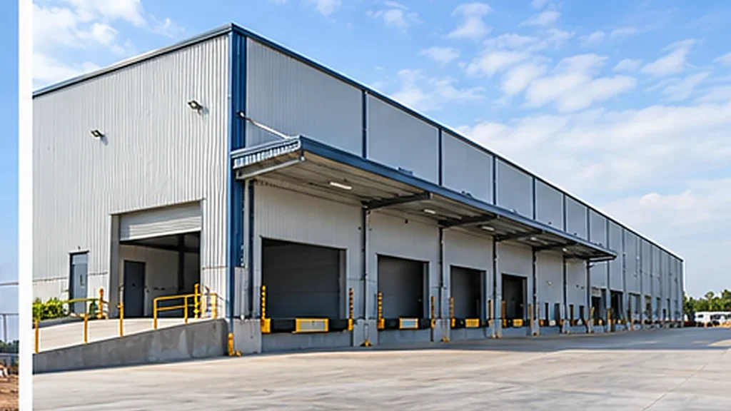 Completed prefabricated industrial warehouse shed with several loading docks and a large paved vehicle access area.