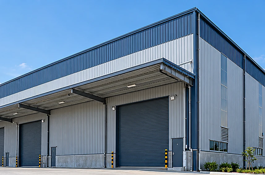Large prefabricated industrial shed with blue-and-white metal cladding and a covered loading entrance.