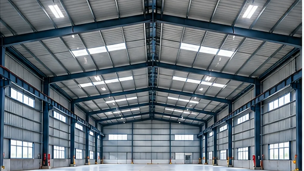 Wide clear-span industrial warehouse interior with structural steel roofing