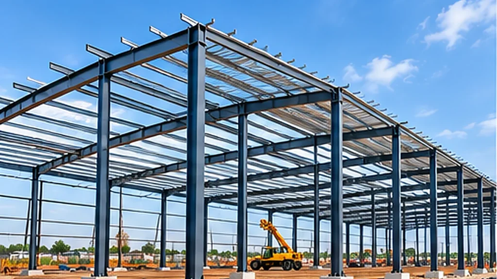 Pre-engineered steel building framework with columns and roof rafters under construction