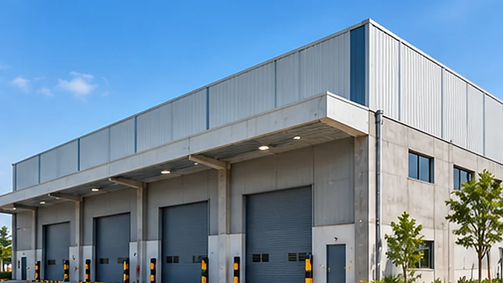 Modern industrial building with steel cladding, concrete elements and loading bays