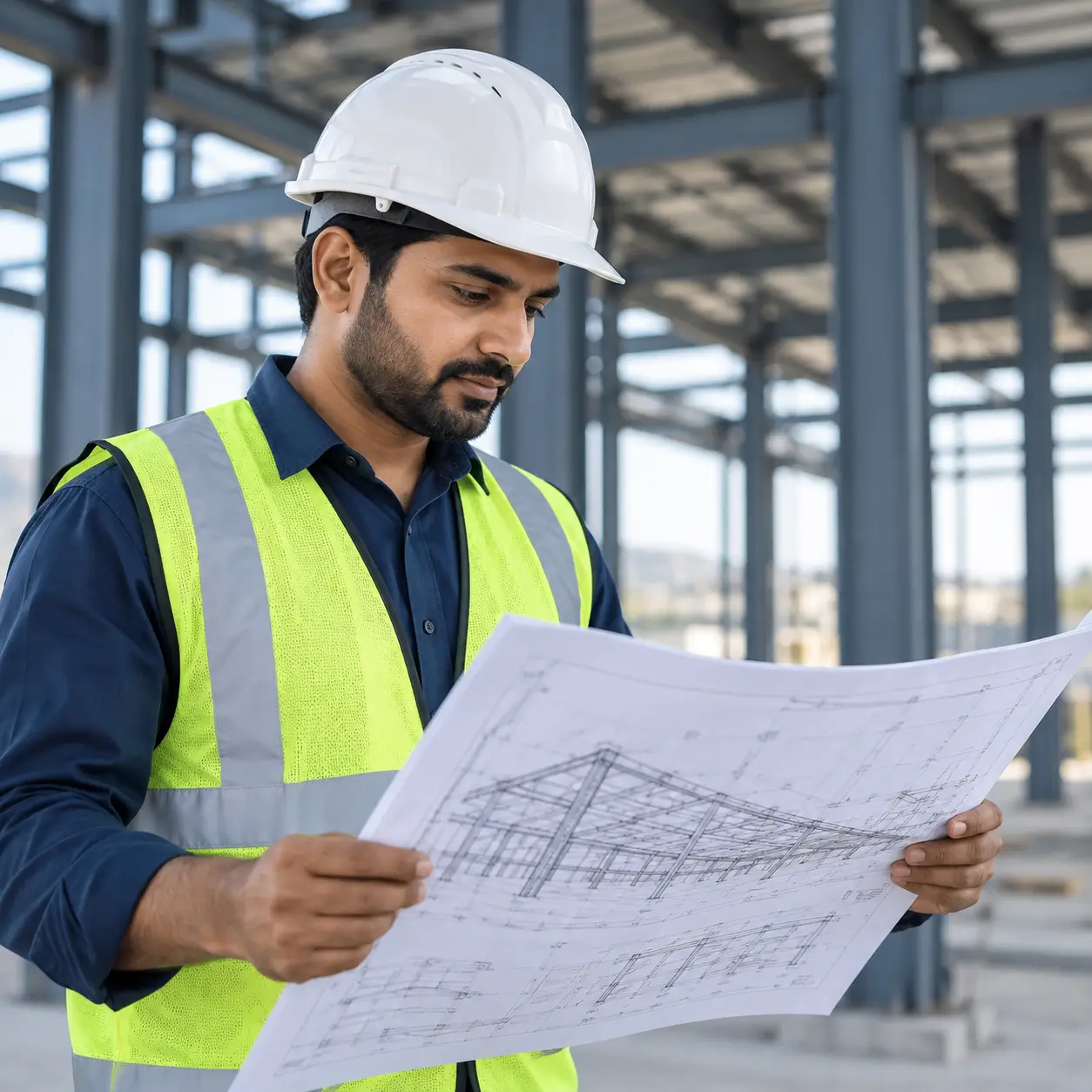 Engineer wearing a hard hat reviewing structural drawings