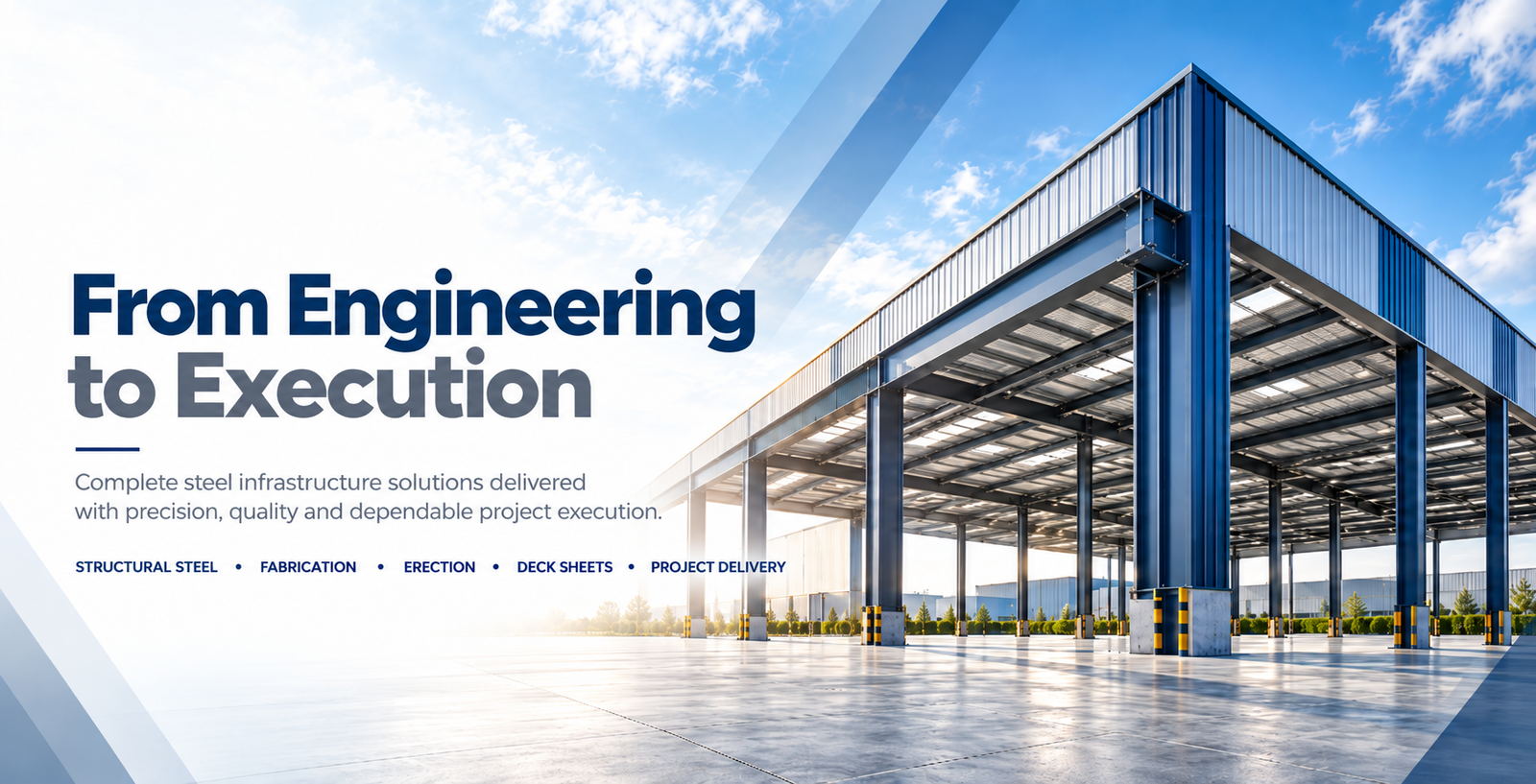Steel columns and roof beams forming an industrial building framework