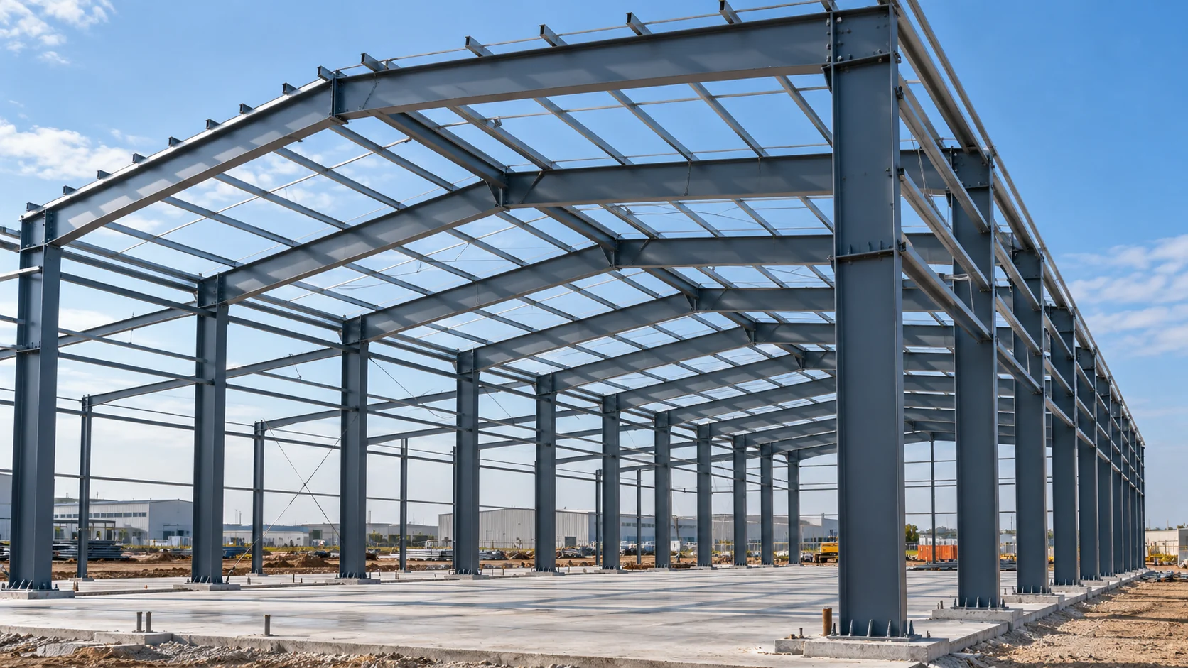 Pre-engineered steel building structure for industrial construction in India.