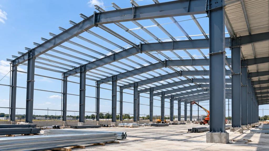 Industrial PEB steel framework showing structural columns and roofing components.
