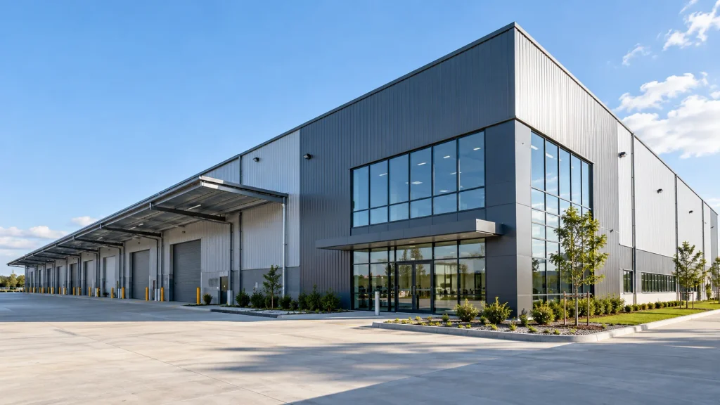 Completed prefabricated industrial warehouse building with steel structure and metal cladding