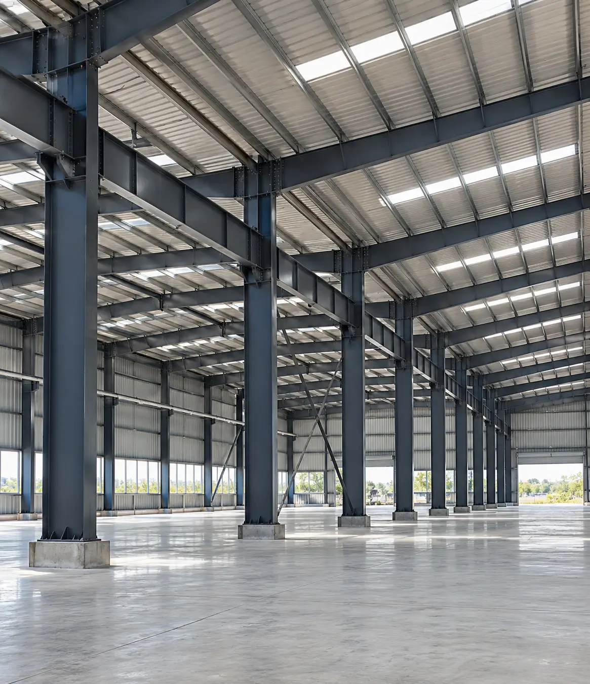 Interior of a prefabricated industrial building with steel columns and roof beams